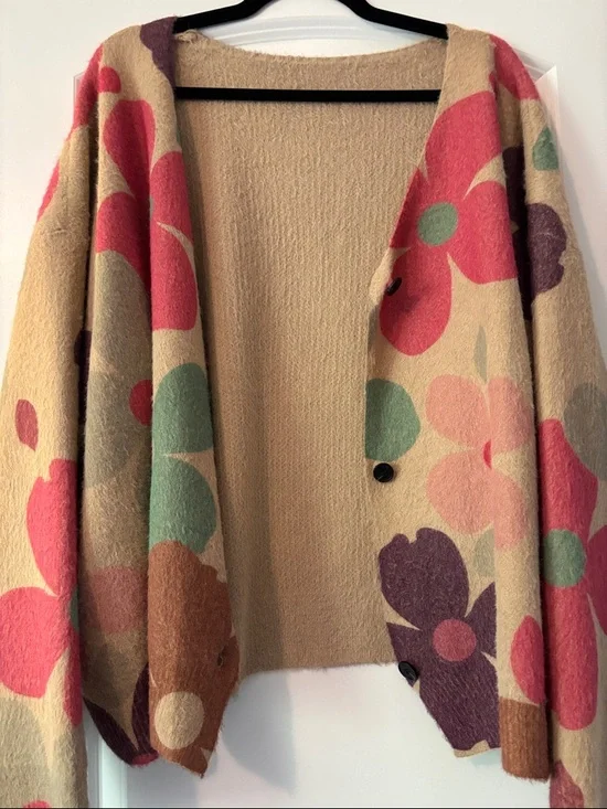 5XL-Floral Pattern V-Neck Cardigan Sweater in Beige with Pink & Green - Picture 5 of 6